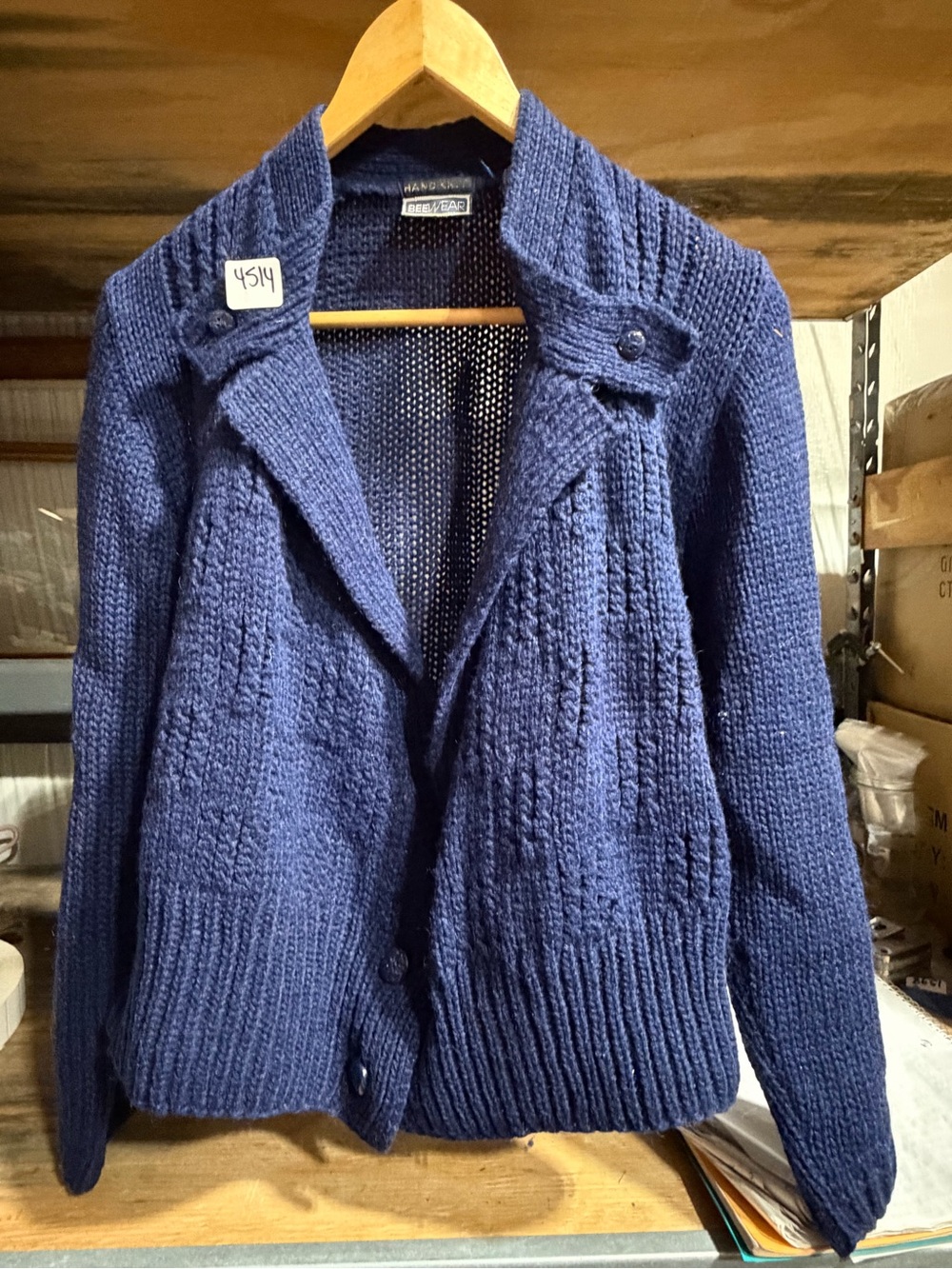 #4514-Handcrafted Navy Blue Cable Knit Cardigan Sweater